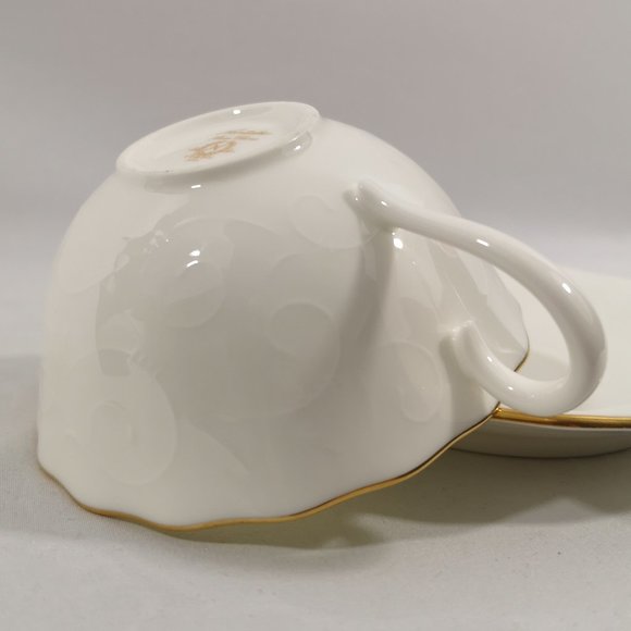 Vintage Noritake Teacup and Saucer Set, Brilliant White Embossed Swirl Gold Trim - Picture 3 of 5